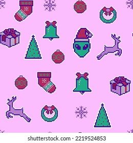 Christmas seamless pattern in pixel style. Texture pink knitted sweater