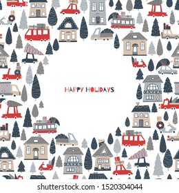 Christmas seamless pattern with place for text. Greeting card. City of rest. Houses and bright cars with gifts and Christmas trees. Vector illustration in cartoon scandinavian style on a white