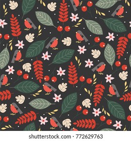 Christmas seamless pattern with plants and cute bullfinches.

