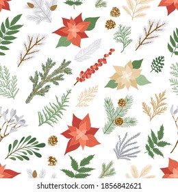 Christmas seamless pattern with plants and flowers. Vector card with poinsettia, holly berries, fir and pine branches, cones, rowan. Seamless background for holiday illustration design.