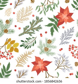 Christmas seamless pattern with plants and flowers. Vector card with poinsettia, holly berries, fir and pine branches, cones, rowan. Seamless background for holiday illustration design.