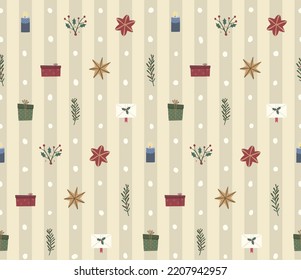 Christmas seamless pattern with plants and gifts