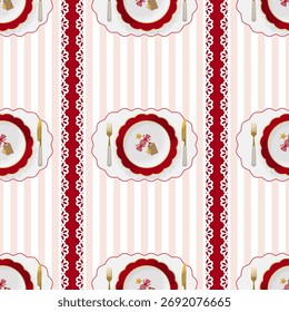 Christmas Seamless Pattern with plates, served with festive decorations. Vector illustration in textured style