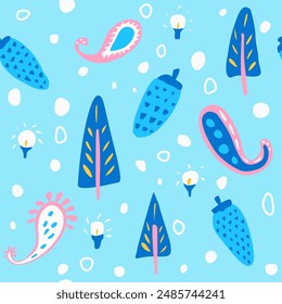 Christmas seamless pattern. Playful winter holiday repeat background. Festive endless backdrop. Christmas trees, paisley toys with festive lights and spruce cones. Vector illustration.