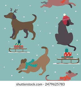 Christmas seamless pattern with playing dogs in hats. Vector illustration. 