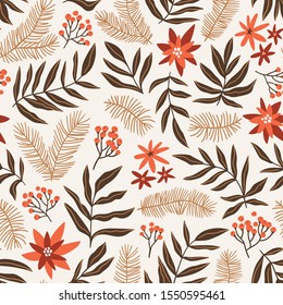 Christmas seamless pattern with poinsettia and branches, leaves and berry. Winter fabric design. Vector hand-drawn xmas print.