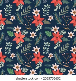 Christmas seamless pattern with poinsettia, floral wallpaper, winter background, surface design