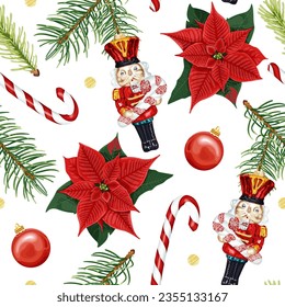 Christmas seamless pattern with poinsettia flower, fir branches, Christmas decorations, nutcracker, candy cane and golden confetti. Stock vector illustration on a white background.