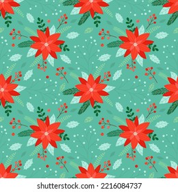 Christmas seamless pattern with poinsettia flowers, branches and berries on a light green background.