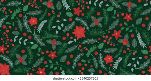 Christmas seamless pattern with poinsettia flowers, leafy twigs, fir branches and berries. Green natural festive background. Traditional print for Christmas design of packaging, paper, backing, card