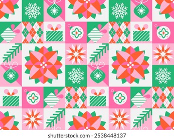 Natal padrão sem emenda com ponsettia e elementos geométricos de férias de inverno. Design moderno abstrato em estilo minimalista plano. Ilustração vetorial para tecido, têxtil, papel de embrulho, banner.