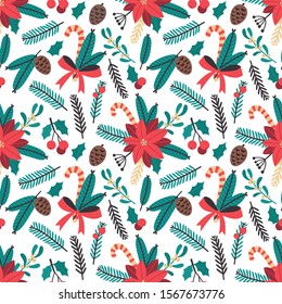 Christmas seamless pattern with poinsettia, holly, mistletoe, fir-tree cones, branches, red bow and candy cane.Vector  illustration.Holiday design for greeting cards, wrapping paper, textile, fabrics.