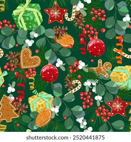 Christmas seamless pattern with poinsettia, holly, Christmas balls, gingerbread. For decoration wrapping paper, textile print. Vector illustration.