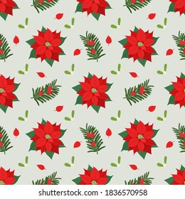 Christmas seamless pattern with Poinsettia, Mistletoe, Yew plants. Vector illustration