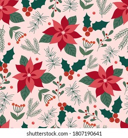 Christmas seamless pattern with Poinsettia and Pine tree.