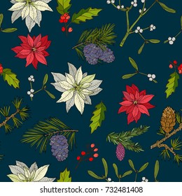 Christmas seamless pattern with poinsettia, pine, mistletoe, larch, spruce, holly. Vector illustration