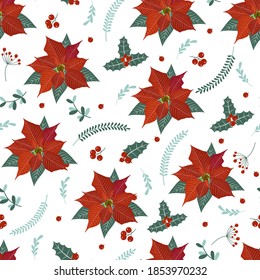 Christmas seamless pattern with poinsettia plant background, Winter pattern, wrapping paper, winter greetings, web page background, Christmas and New Year greeting cards