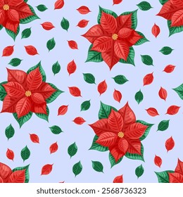 Christmas seamless pattern with Poinsettia and red and green leaves on the blue background.