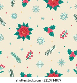 Christmas seamless pattern with poinsettia and snowflakes