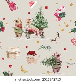 Christmas seamless pattern, poinsettia, snowman, gift box, jingle bell, rabbit, holly leaves, skates on white background.Traditional vintage style gift wrap design.Hand-drawn watercolor digital paper