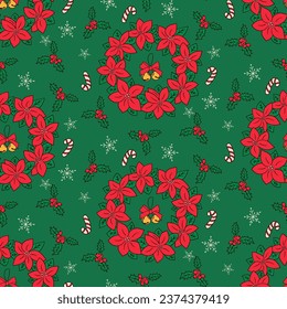 Patrón de Navidad sin fisuras con corona de poinsettia, campanas de jingle, bayas y copos de nieve en caricatura plana sobre fondo verde. Diseño de vacaciones de invierno para decoración, envoltura, banner, fondo