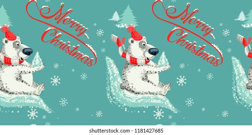 Christmas seamless pattern with Polar bear. Merry Christmas lettering. 
Vector illustration.