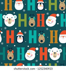 Christmas seamless pattern with polar bear, penguin, snowflakes, Santa and reindeer on blue background, Ho ho ho. 