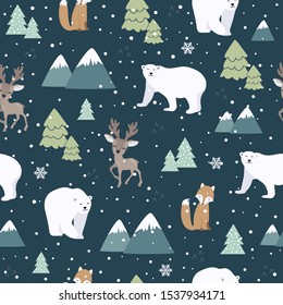 Christmas seamless pattern with polar bear background, Winter pattern with deer and fox, wrapping paper, pattern fills, winter greetings, web page background, Christmas and New Year greeting cards