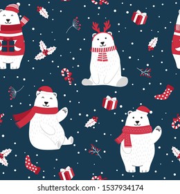 Christmas seamless pattern with polar bear background, Winter pattern with holly berry, wrapping paper, pattern fills, winter greetings, web page background, Christmas and New Year greeting cards