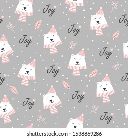 Christmas seamless pattern with polar bear background, Winter pattern with holly berry, wrapping paper, pattern fills, winter greetings, web page background, Christmas and New Year greeting cards