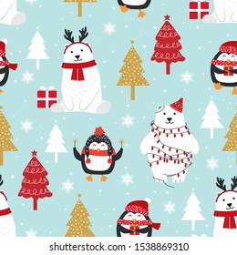 Christmas seamless pattern with polar bear background, Winter pattern with penguin, wrapping paper, pattern fills, winter greetings, web page background, Christmas and New Year greeting cards