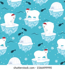 Christmas seamless pattern with polar bear on ice floe background, Winter pattern with polar, wrapping paper, pattern fills, winter greetings, web page background, Christmas and New Year greeting 