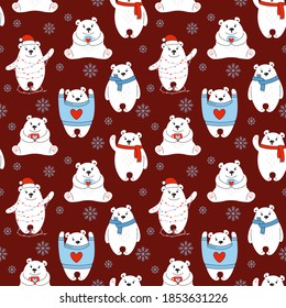 Christmas seamless pattern polar bear. Textile graphics, New Year animal mammals, wrapping paper. Cartoon cute teddy with red hat. Funny animals winter celebrate dark red vector background