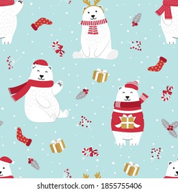 Christmas seamless pattern with polar bear background, Winter pattern with holly berry, wrapping paper, winter greetings, web page background, Christmas and New Year greeting cards