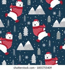 Christmas seamless pattern with polar bear ice skates background, Winter pattern with white bear ice skating, wrapping paper, winter greetings, web page, Christmas and New Year greeting cards