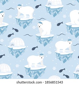 Christmas seamless pattern with polar bear on ice floe background, Winter pattern with polar bear, wrapping paper, winter greetings, web page background, Christmas and New Year greeting cards