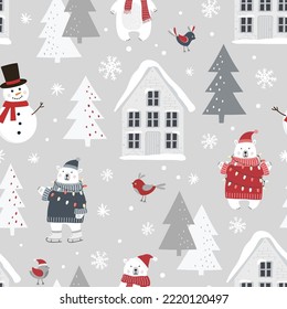 Christmas seamless pattern with polar bear, snowman, snowy house, christmas tree and snowflakes. Can be used for fabric, wrapping paper, scrapbooking, textile, poster etc. Flat style.