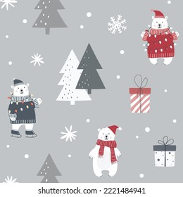 Christmas seamless pattern with polar bear and snowflakes. Can be used for fabric, wrapping paper, scrapbooking, textile, poster etc. Flat style.