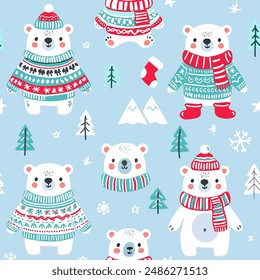 Christmas seamless pattern, Polar bear and snowflackes, pintree. Cute cartoon character for holiday wrapping paper. Vector pattern for kids.