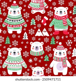 Christmas seamless pattern, Polar bear and snowflackes, pintree. Cute cartoon character for holiday wrapping paper. Vector pattern for kids.