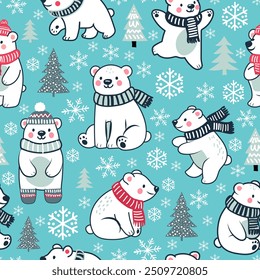 Christmas seamless pattern, Polar bear and snowflackes, pintree. Cute cartoon character for holiday wrapping paper. Vector pattern for kids.