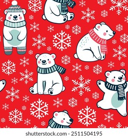 Navidades sin patrón, oso polar y moscas de nieve, pintree. Carácter lindo de la historieta para el papel de embalaje de las vacaciones. Patrón de Vector para niños.