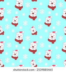 Christmas seamless pattern with polar bear and snowflakes on blue background