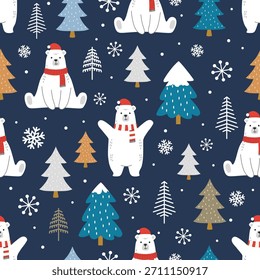 Navidades sin patrón con oso polar y árbol de Navidad sobre fondo azul. Diseño para textiles, papel de embalaje, Fondo de pantalla. Ilustración vectorial