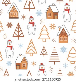 Christmas seamless pattern with Polar bear and Christmas house, pine tree on white background. Design for textiles, wrapping paper, wallpaper. Vector illustration