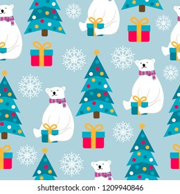 Christmas seamless pattern with polar bears, Christmas trees and presents. Suitable for Christmas posters, wrapping and print. Vector