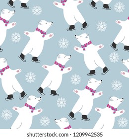 Christmas seamless pattern with polar bears skatting. Suitable for Christmas posters, wrapping and print. Vector