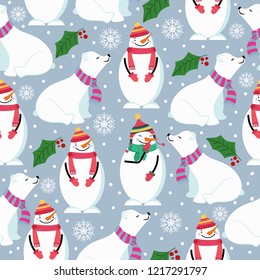 Christmas seamless pattern with polar bears,snowman and mistletoe. Suitable for Christmas posters, wrapping and print. Vector