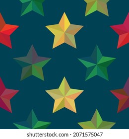 Christmas seamless pattern with polygonal stars. Colorful stars in low poly style. Cute wrapper paper, wallpapers, textile prints. Vector illustration