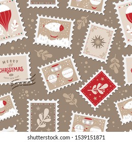 Christmas seamless pattern with Christmas post stamps, stars, balloons, brunches, festive quote Merry Christmas and Happy new year for winter holiday design, poster, greeting card, packaging design